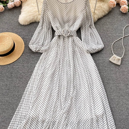 Load image into Gallery viewer, Vintage Pleated Dress for Women Polka Pot Puff Long Sleeve O Neck Elegant A Line Dresses 2023 High Waisted Casual Dress

