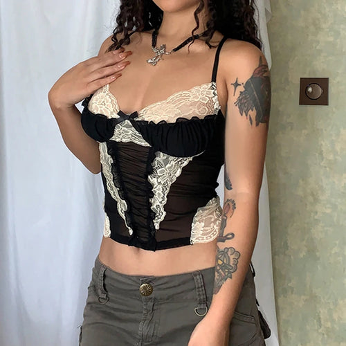 Load image into Gallery viewer, Fashion Chic Milkmaid Ruffles Lace Spliced Mesh Top Camisole Vintage Bow Folds Summer Crop Top Ladies See Through Y2K
