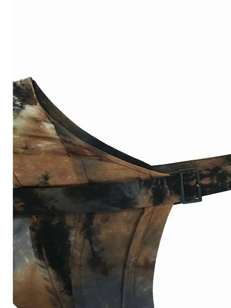 Women Tie Dye Pleated Big Size Casual Strap Dress New Square Collar Sleeveless Fashion Tide Spring Autumn 2025  1DH6611