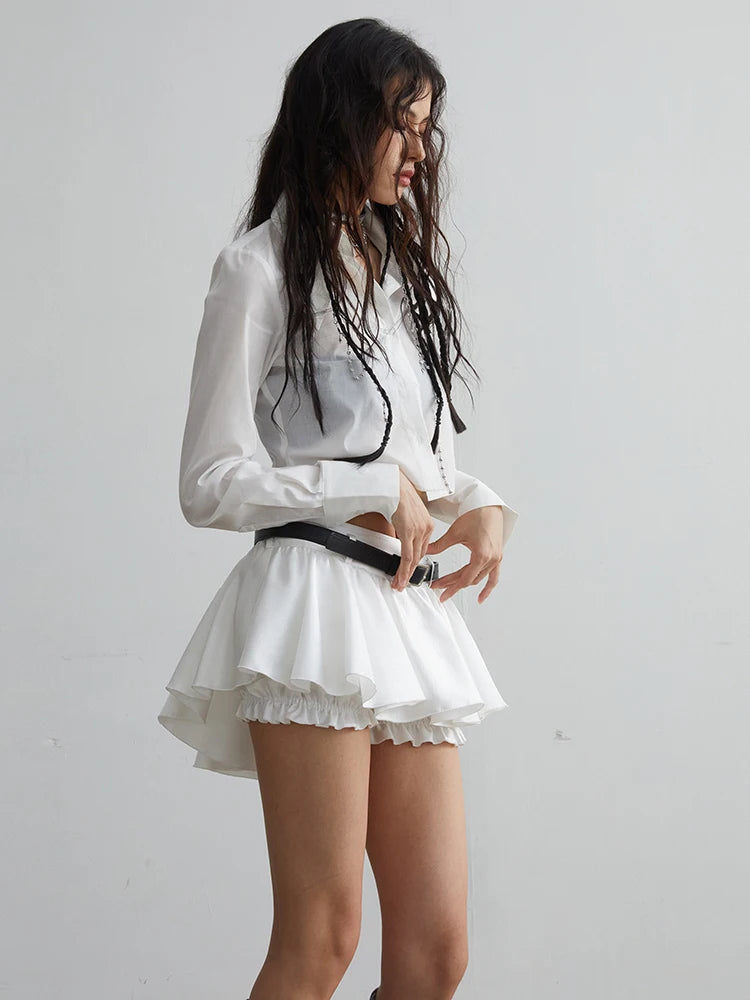 Women White Brief Cotton Elegant Plain Short Blouse New Lapel Long Sleeve Shirt Fashion Tide Spring Autumn 2025 1DH7516