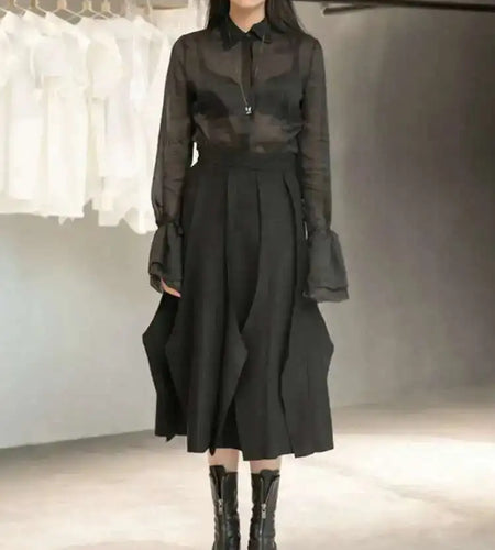 High Elastic Waist Black Brief Woolen Cut Edge Pleated Half-body Skirt Women Fashion Tide New Spring Autumn 2025 1DD1634