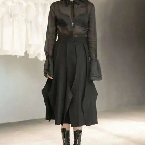 Load image into Gallery viewer, High Elastic Waist Black Brief Woolen Cut Edge Pleated Half-body Skirt Women Fashion Tide New Spring Autumn 2025 1DD1634
