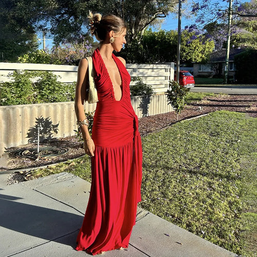 Load image into Gallery viewer, Halter Deep V Neck Sexy Maxi Dress For Women Gown Fashion Solid Sleeveless Backless Draped Ruched Bodycon Long Dress
