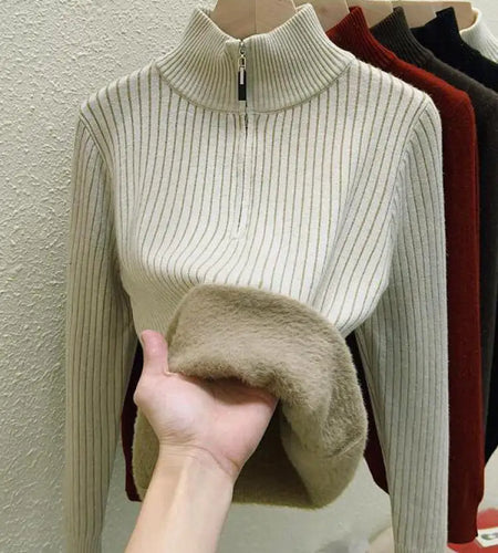 Simplicity 2024 Autumn Winter Solid Velvet Elegant Festival Sweater Korean Fashion Women Long Sleeve Half Zipper Knit Tops Thick