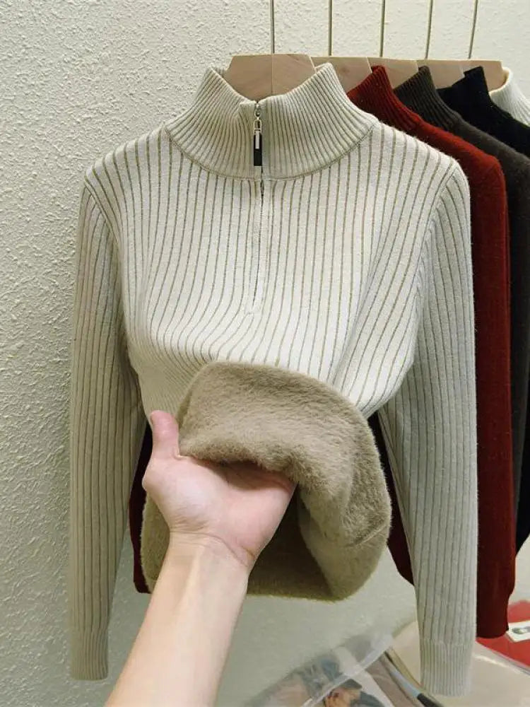 Simplicity 2024 Autumn Winter Solid Velvet Elegant Festival Sweater Korean Fashion Women Long Sleeve Half Zipper Knit Tops Thick