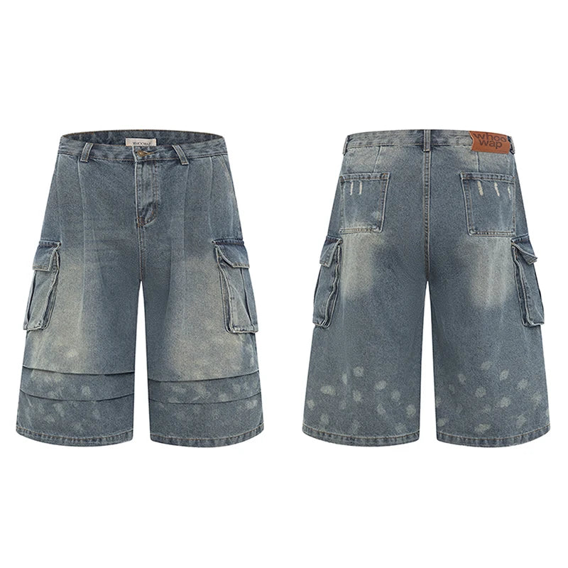 Men's Short Jeans American Summer Workwear Cowboy Shorts Wrinkle Design Cropped Trousers Loose Pants Streetwear 9W1475