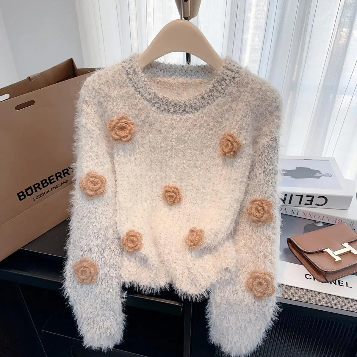 French Women Beige Flower Decorate Pullover Mink Sweater Purple Pink Long Sleeve Round Neck Elegant Knit Tops Autumn Winter Chic