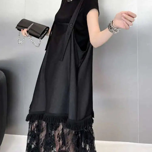 Load image into Gallery viewer, Women Black Hem Lace Denim Elegant Big Size Strap Dress New Square Collar Sleeveless Fashion Spring Autumn 2025 1DH6630
