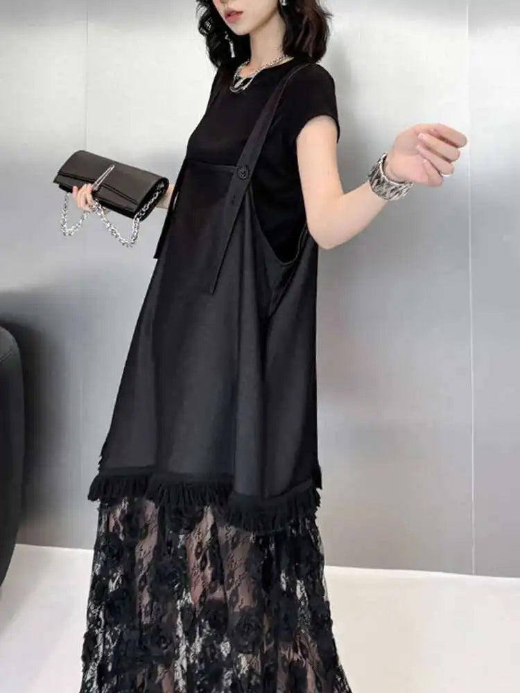 Women Black Hem Lace Denim Elegant Big Size Strap Dress New Square Collar Sleeveless Fashion Spring Autumn 2025 1DH6630