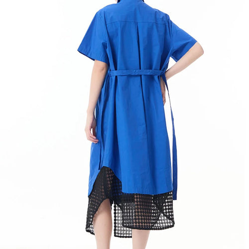 Load image into Gallery viewer, Women Blue Mesh Color-block Big Size Midi Shirt Dress New Lapel Short Sleeve Fashion Tide Spring Summer 2025 1DJ0932
