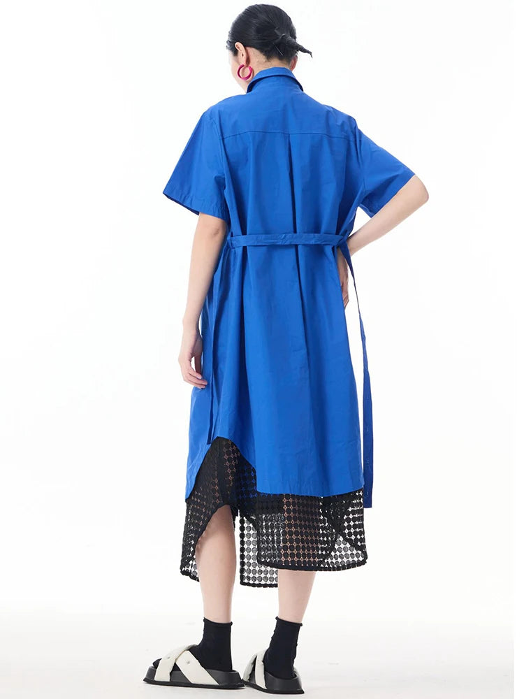 Women Blue Mesh Color-block Big Size Midi Shirt Dress New Lapel Short Sleeve Fashion Tide Spring Summer 2025 1DJ0932