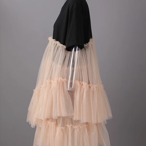 Load image into Gallery viewer, Women Black Mesh Color-block Big Size Knee-Length Dress New Round Neck Short Sleeve Fashion Spring Summer 2025 CPG3040
