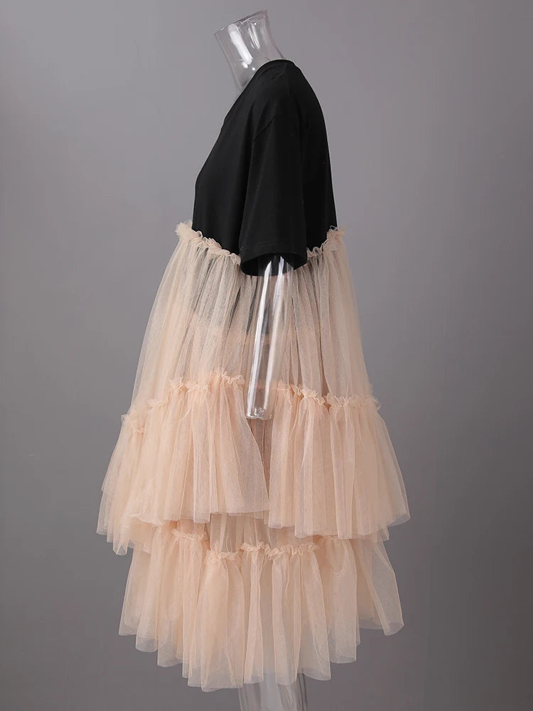 Women Black Mesh Color-block Big Size Knee-Length Dress New Round Neck Short Sleeve Fashion Spring Summer 2025 CPG3040