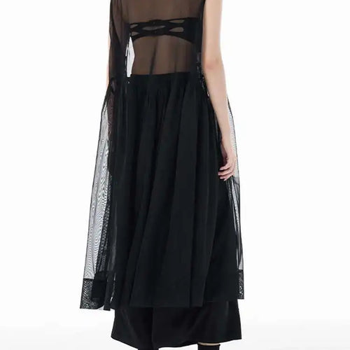Load image into Gallery viewer, Women Black Big Hem Mesh Big Size Elegant Perspective Dress New Round Neck Sleeveless Fashion Spring Summer 2025 1DH6298
