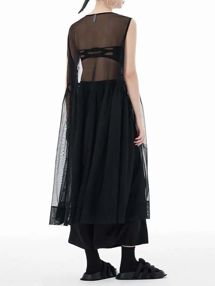 Women Black Big Hem Mesh Big Size Elegant Perspective Dress New Round Neck Sleeveless Fashion Spring Summer 2025 1DH6298