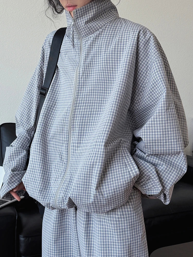 Beige Plaid Pocket Big Size Casual Jacket New Stand Collar Long Sleeve Women Coat Fashion Tide Spring Autumn 2025 1DJ0868