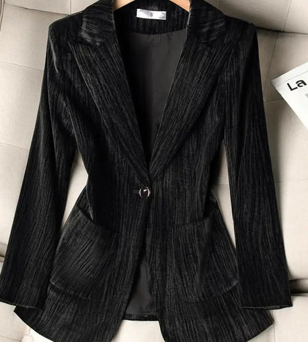 Korean Fashion Women Gray Blue Long Sleeve Slim Blazer Coat 2024 New Spring Autumn Green Elegant Single Button Pockets Tops Chic