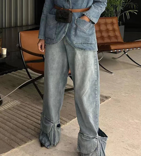 Patchwork Pocket Jeans For Women High Waist Spliced Butotn Casual Loose Autumn Jean Female Fashion Clothing