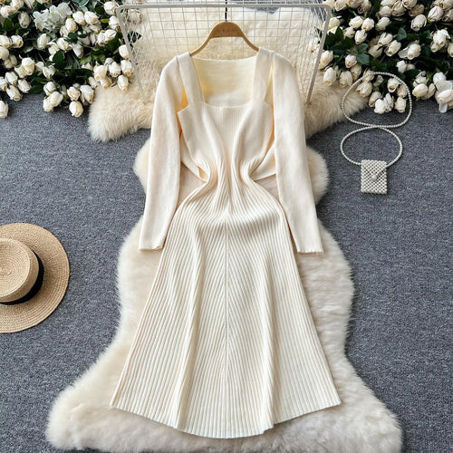 Load image into Gallery viewer, Autumn Winter Korean Women's Temperament Two Piece Set Beige Khaki Long Sleeved Shawl Cardigan Tops And Knitted Slip Dress Suit
