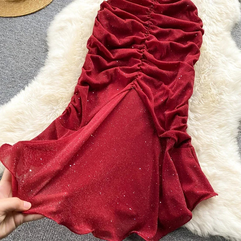 Evening Party Women Mermaid Dress Summer 2024 Ruched Backless Sexy Elegant Ladies French Style Solid Long Dresses