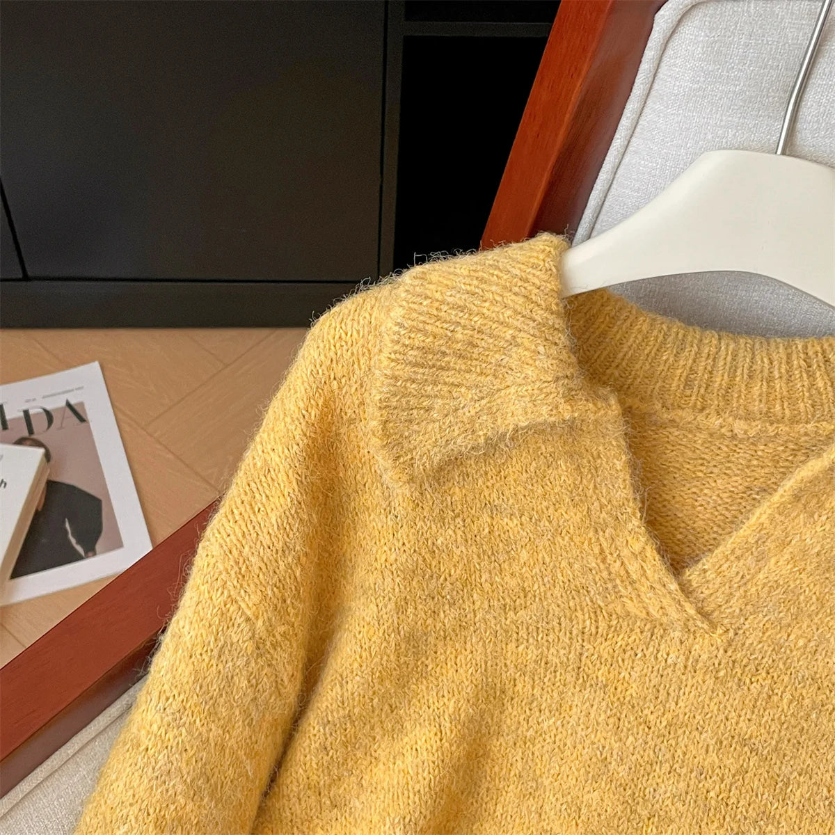 Korean Style Autumn Winter Yellow Elegant Long Sleeves Knit Cotton Sweater Women's Lapel Pullover Short Tops Popular Simplicity