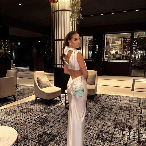 Load image into Gallery viewer, Hollow Out Turtleneck Sexy Maxi Dress For Women Fashion Solid Sleeveless Bodycon Tank Dresses Femme Club Party Dress
