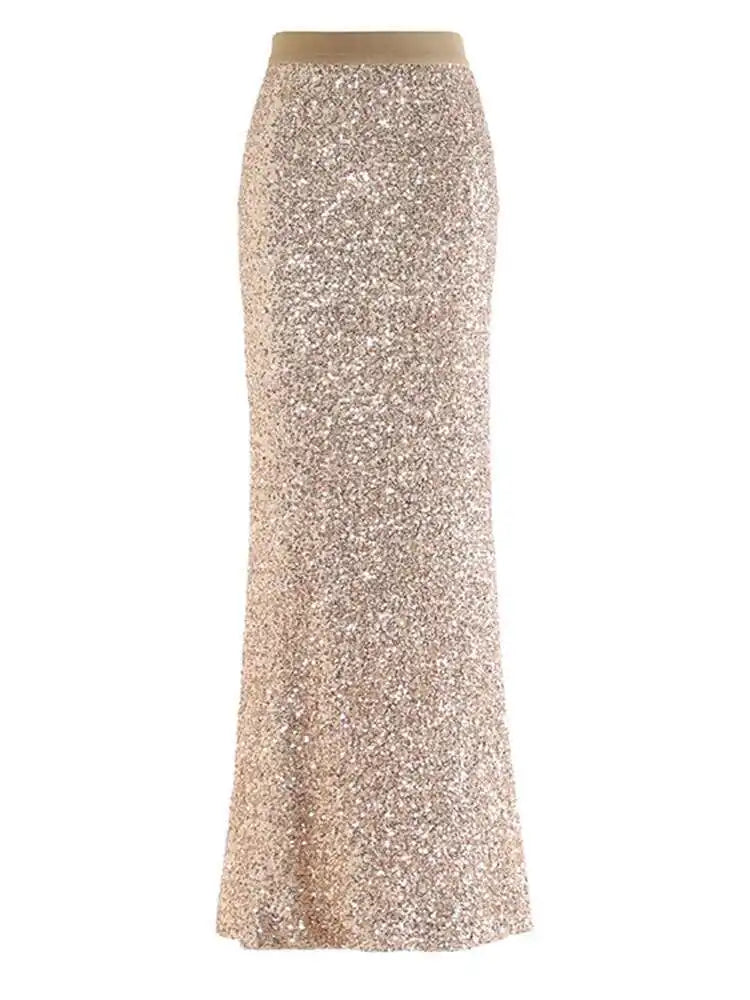 High Elastic Waist Khaki Sequins Elegant Long Party Half-body Skirt Women Fashion Tide New Spring Autumn 2025 1DH9406
