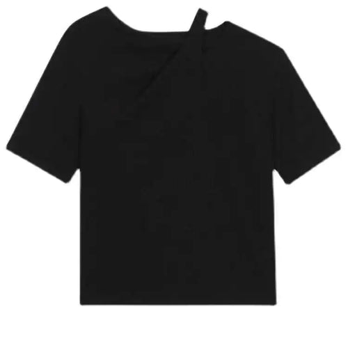 Load image into Gallery viewer, Women Black Irregular Hollow Out Big Size T-shirt New Round Neck Short Sleeve Fashion Tide Spring Summer 2025 1DF9081
