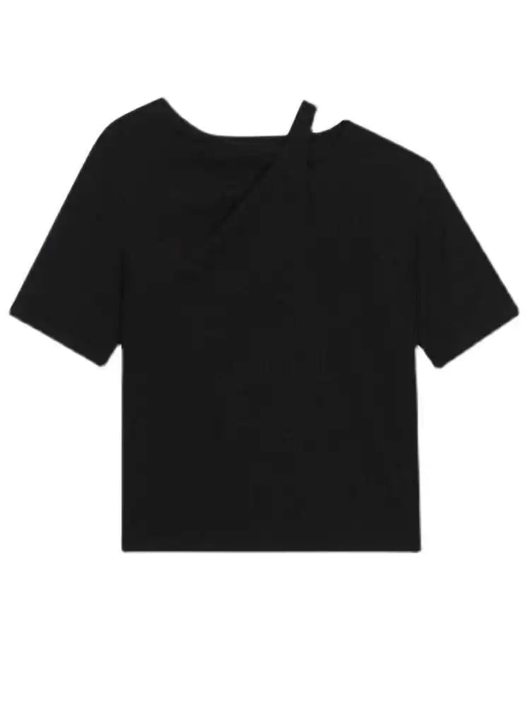 Women Black Irregular Hollow Out Big Size T-shirt New Round Neck Short Sleeve Fashion Tide Spring Summer 2025 1DF9081