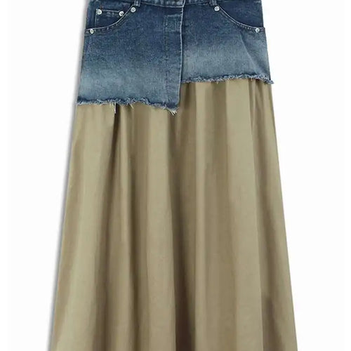 Load image into Gallery viewer, High Waist Khaki Denim Pleated Burr Color-block Midi Half-body Skirt Women Fashion Tide New Spring Autumn 2025 1DH5784
