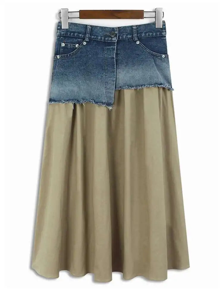 High Waist Khaki Denim Pleated Burr Color-block Midi Half-body Skirt Women Fashion Tide New Spring Autumn 2025 1DH5784