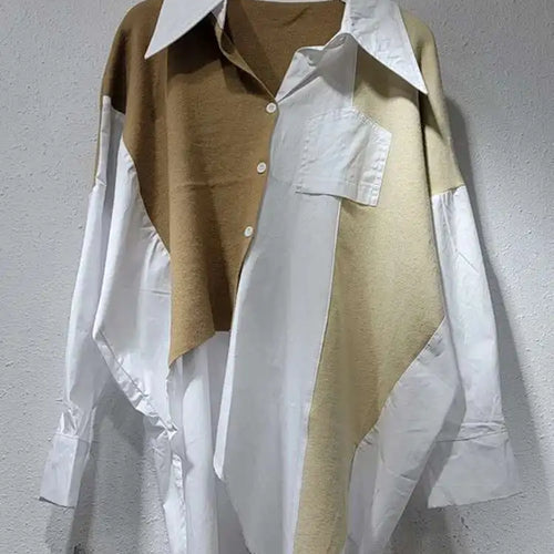 Load image into Gallery viewer, Women Coffee Knitting Spliced Big Size Irregular Blouse New Lapel Long Sleeve Shirt Fashion Spring Autumn 2025 1DJ0105
