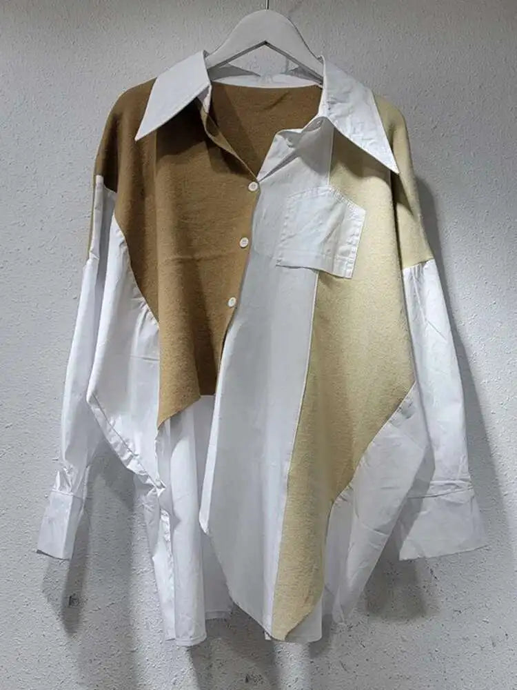 Women Coffee Knitting Spliced Big Size Irregular Blouse New Lapel Long Sleeve Shirt Fashion Spring Autumn 2025 1DJ0105