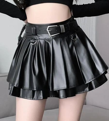Black With Belt Pleated Pu Leather Ball Gown Skirt Women Autumn Winter 2023 New Silvery High Waist Slim A-line Short Puffy Skirt