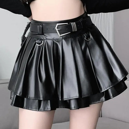 Load image into Gallery viewer, Black With Belt Pleated Pu Leather Ball Gown Skirt Women Autumn Winter 2023 New Silvery High Waist Slim A-line Short Puffy Skirt
