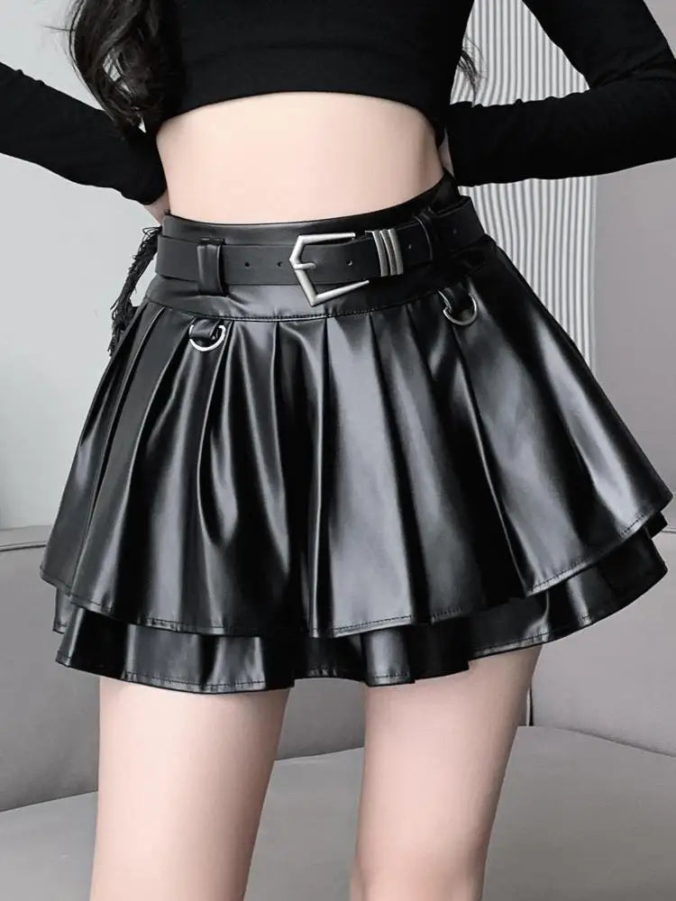 Black With Belt Pleated Pu Leather Ball Gown Skirt Women Autumn Winter 2023 New Silvery High Waist Slim A-line Short Puffy Skirt