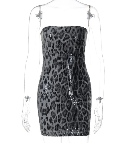 Leopard Print Sequined Strapless Backless Sexy Bodycon Mini Dress 2024 Autumn Women Fashion Y2K Clothes Party Nightclub