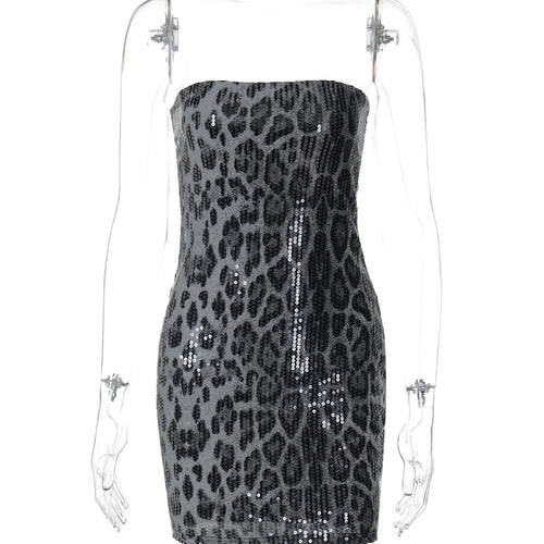 Load image into Gallery viewer, Leopard Print Sequined Strapless Backless Sexy Bodycon Mini Dress 2024 Autumn Women Fashion Y2K Clothes Party Nightclub
