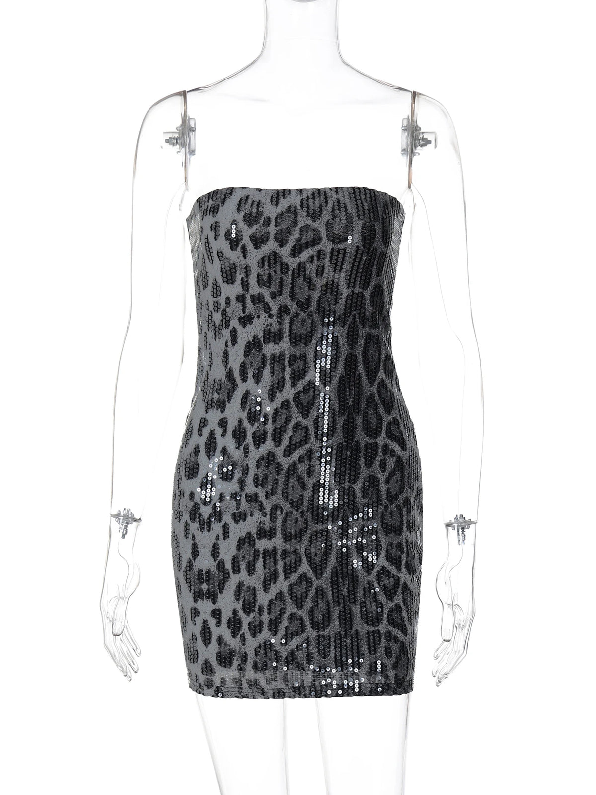 Leopard Print Sequined Strapless Backless Sexy Bodycon Mini Dress 2024 Autumn Women Fashion Y2K Clothes Party Nightclub