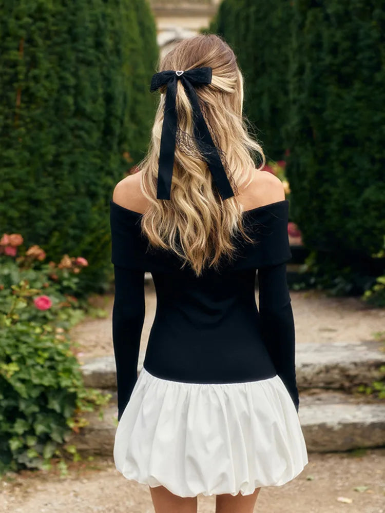 Off-shoulder Long Sleeve Sexy Mini Dress For Women Contrast Color Patchwork Strapless Backless A-line Sexy Dress