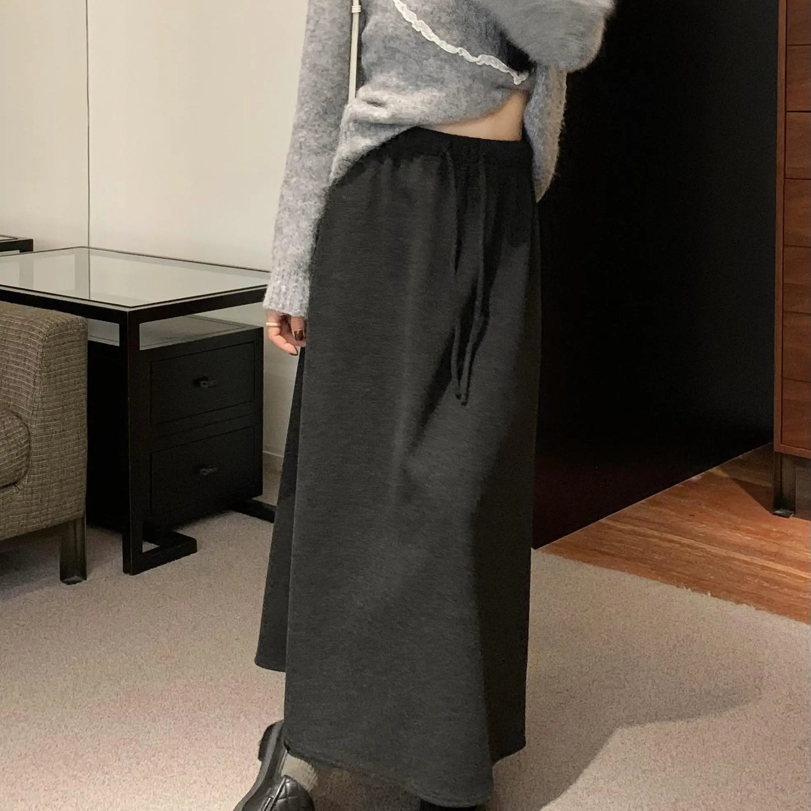 Autumn Winter New Solid Velvet High Waist Long Skirt Women Korean Fashion Elegant Vacation Drawstring Lace-up A-line Thick Skirt