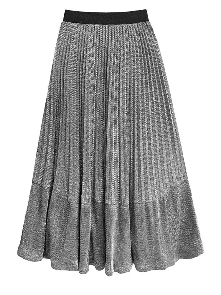 High Elastic Waist Silver Color Pleated A-line Pleated Half-body Skirt Women Fashion Tide New Spring Autumn 2025 1DJ0054