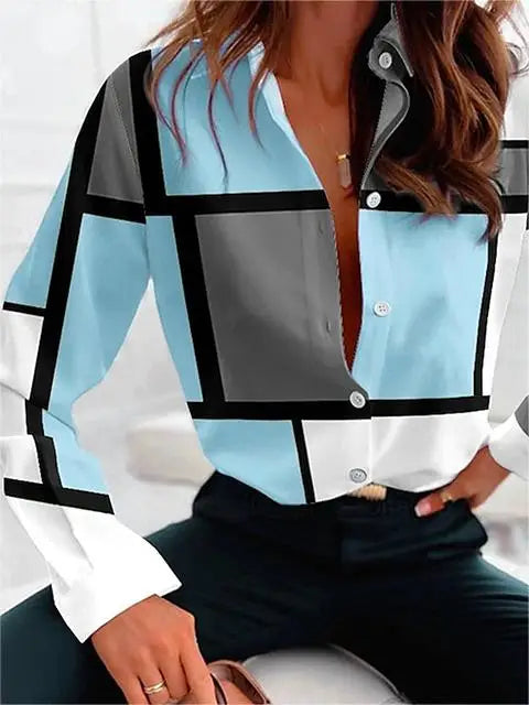 Women's Long Sleeves Plaid Blouses Shirts 2025 Summer Contrast Color Lapel Collar Buttoned Loose Urban Shirts for Woman