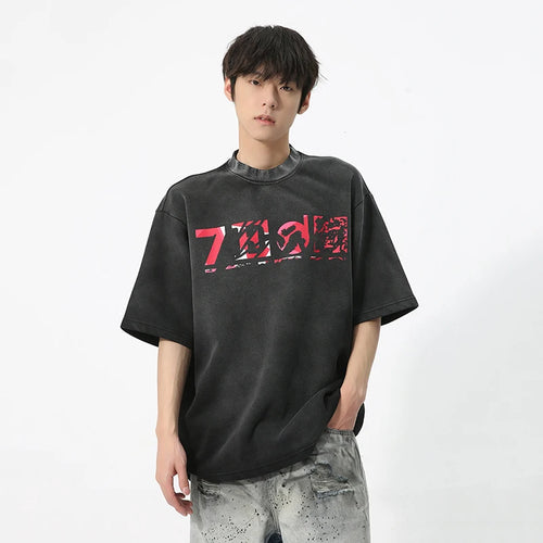 Load image into Gallery viewer, Men&#39;s Short Sleeves T-shirt Vintage Wash Creative Printed Round Collar Korean Style Casual Loose Male Top 9C5722
