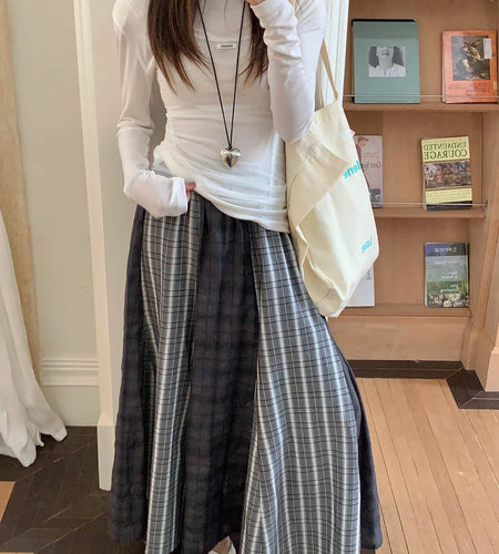 High Elastic Waist Gray Plaid Spliced Vintage A-line Half-body Skirt Women Fashion Tide New Spring Autumn 2025 1DJ1478