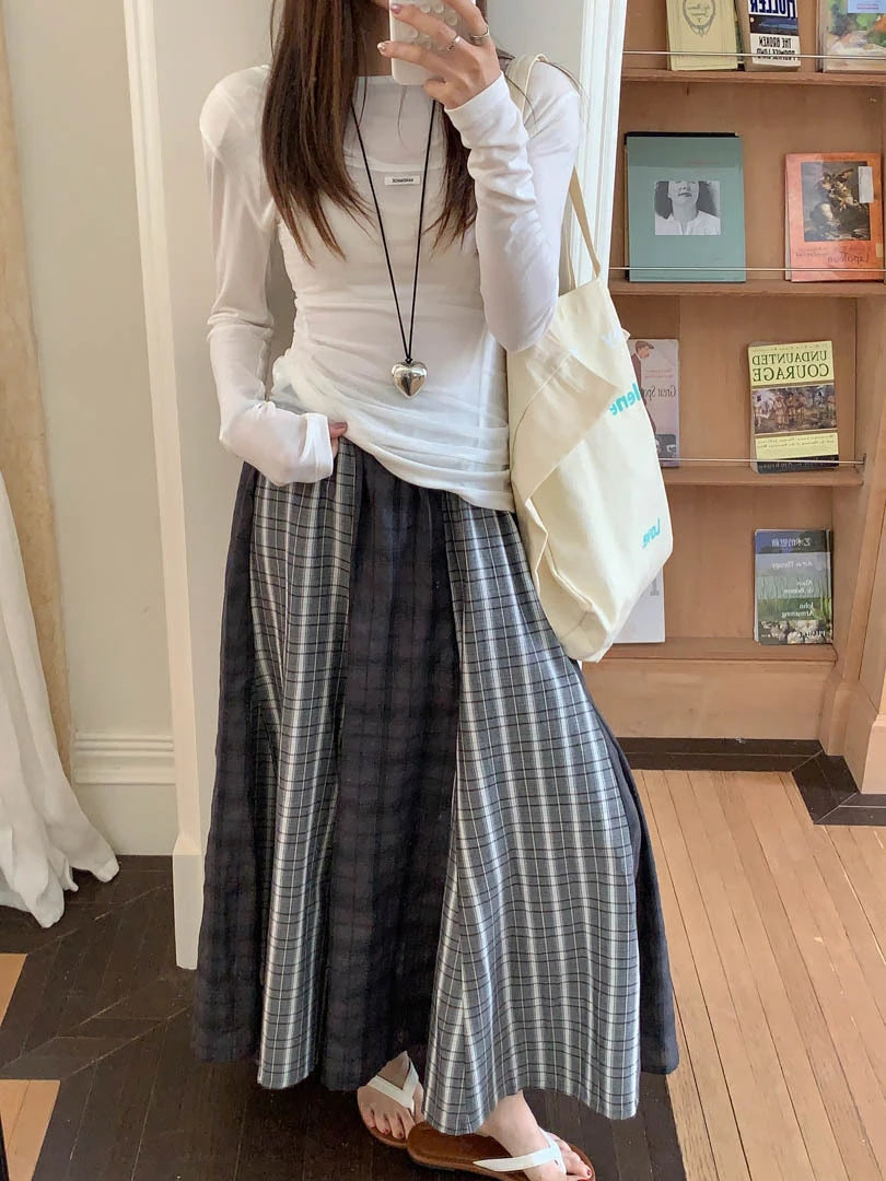 High Elastic Waist Gray Plaid Spliced Vintage A-line Half-body Skirt Women Fashion Tide New Spring Autumn 2025 1DJ1478