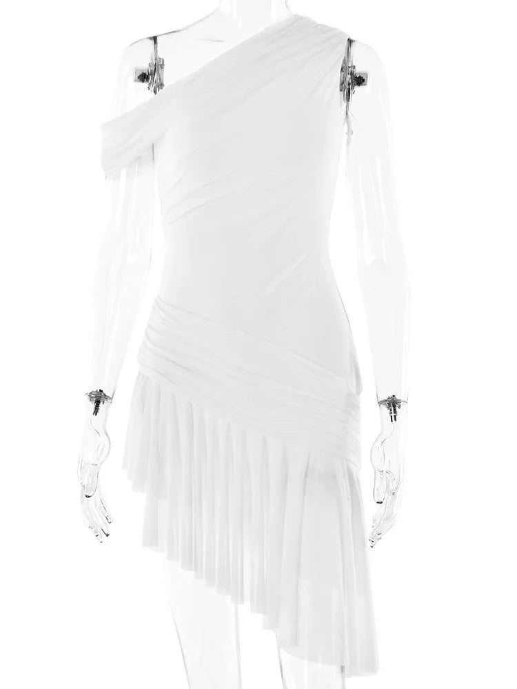 Summer 2024 New Sexy Spicy Girl Slim Dress Women Slant Neck Sleeveless Ruffle Edge Mesh Dress Elegant Party Club Vestido