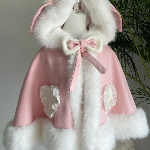 Load image into Gallery viewer, Japanese Lolita Sweet Rabbit&#39;s Ears Hooded Cloak Jackets Women Y2k Aesthetic Lace Patchwork Love Coat Harajuku Kawaii Bow Jacket
