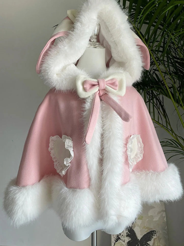 Japanese Lolita Sweet Rabbit's Ears Hooded Cloak Jackets Women Y2k Aesthetic Lace Patchwork Love Coat Harajuku Kawaii Bow Jacket