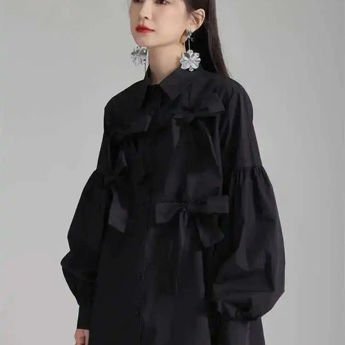 Load image into Gallery viewer, Women White Bow Spliced Big Size Elegant Blouse New Lapel Long Sleeve Shirt Fashion Tide Spring Autumn 2025 1DH5705

